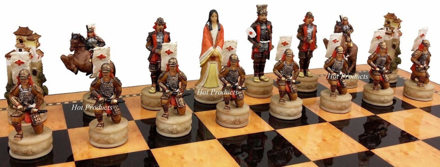 Japanese Samurai Warrior Chess Set w/ Gloss Walnut Color Storage Board 17"