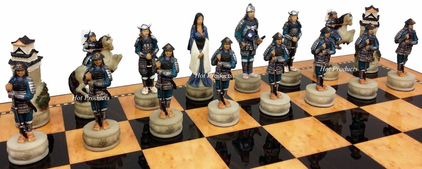 Japanese Samurai Warrior Chess Set w/ Gloss Walnut Color Storage Board 17"