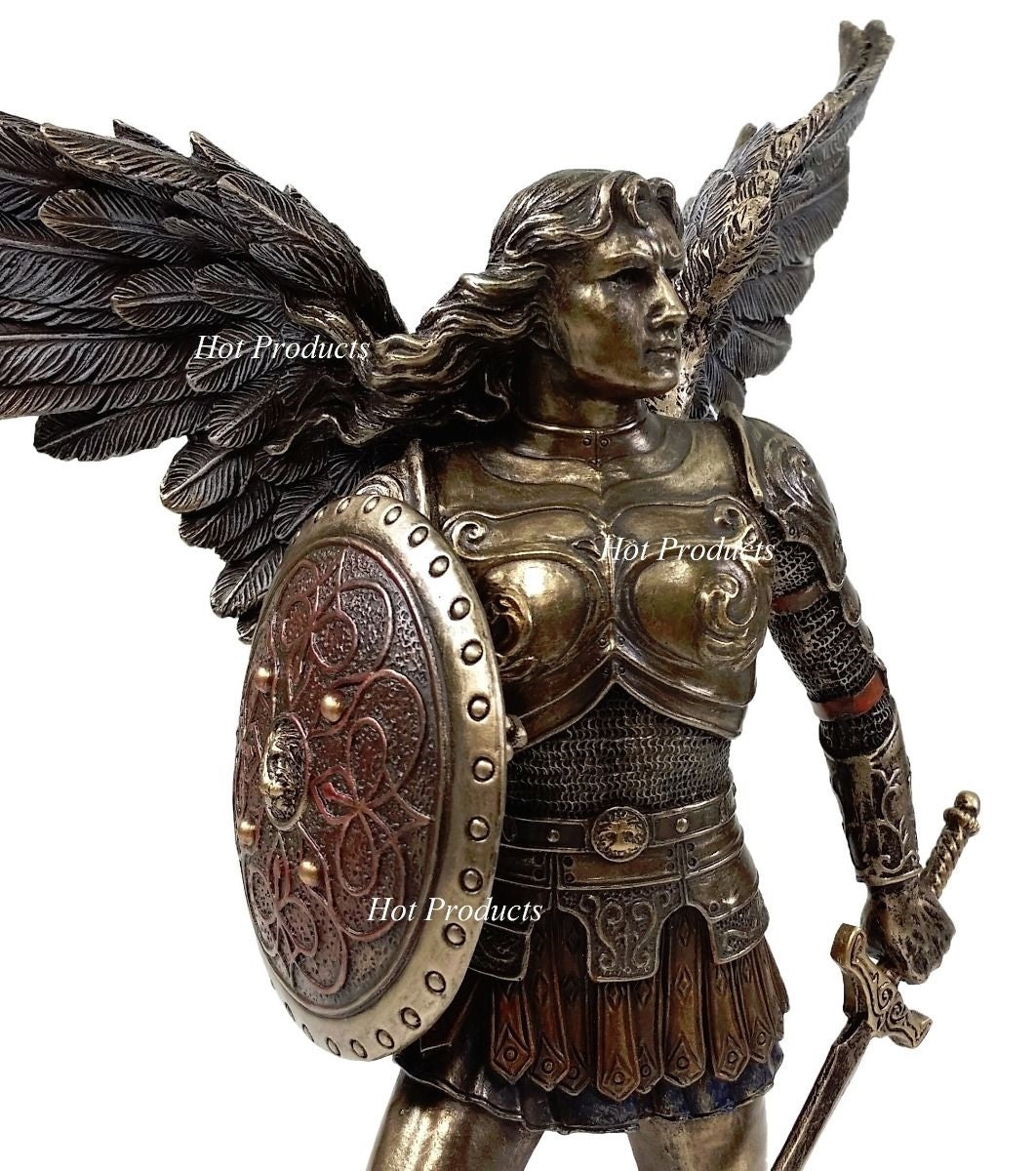 PAIR Saint Michael & Gabriel Archangel Sword & Shield Statue Bronze Color