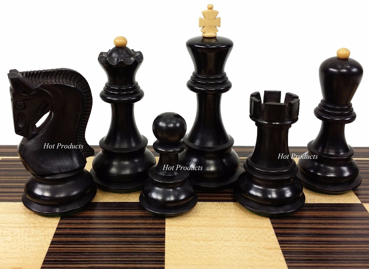 4 QN BLACK RUSSIAN Opp Tops 3 3/4" King Staunton Wood Chess Set 17" Ebony Board