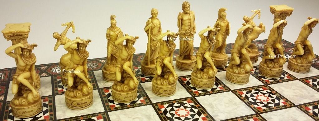 Greek Roman Mythology Gods CHESS SET W/ 17" Mosaic Color Board