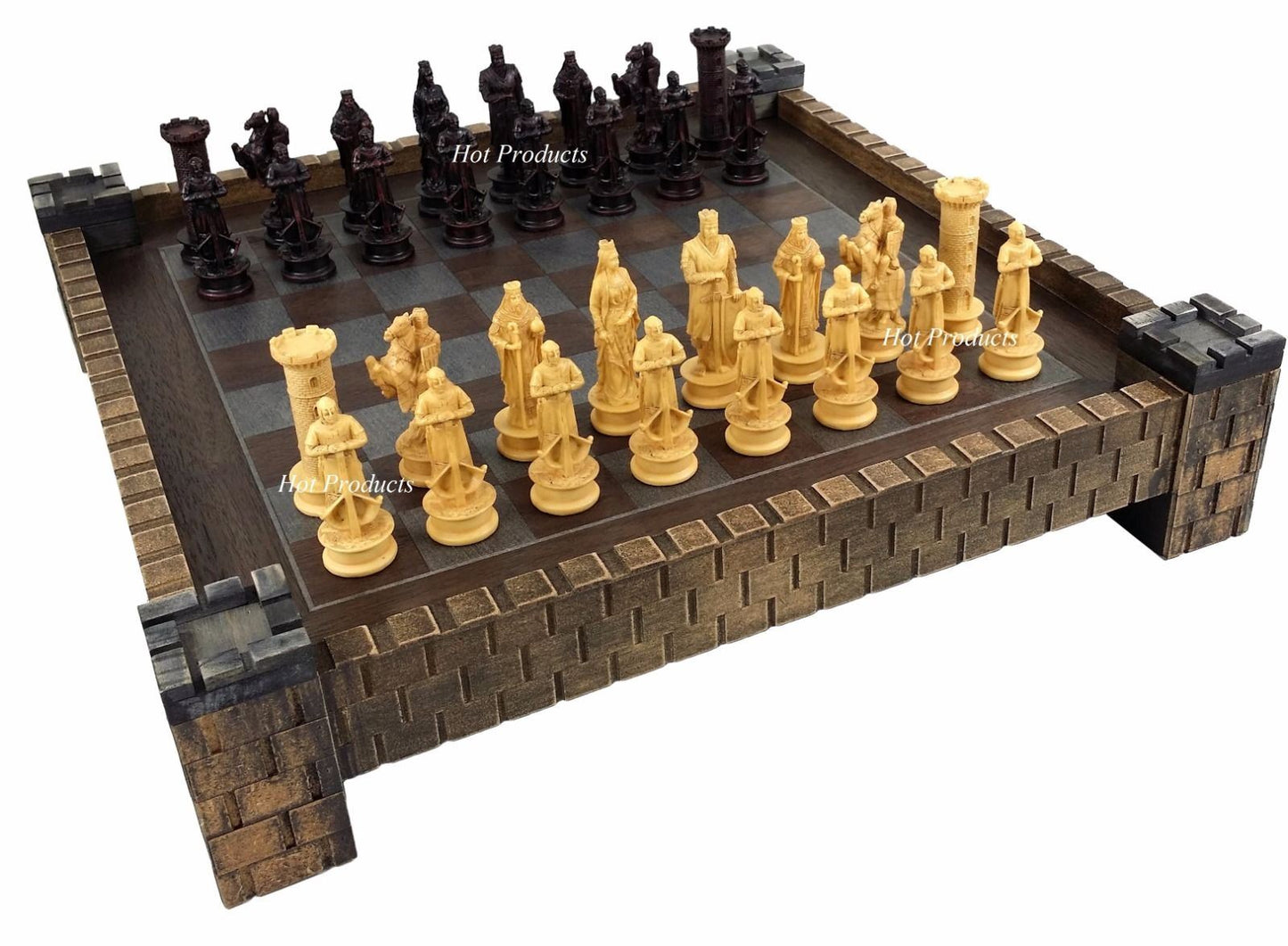 Medieval Times Crusades King Richard Chess Set Antique Color W/ Castle Board