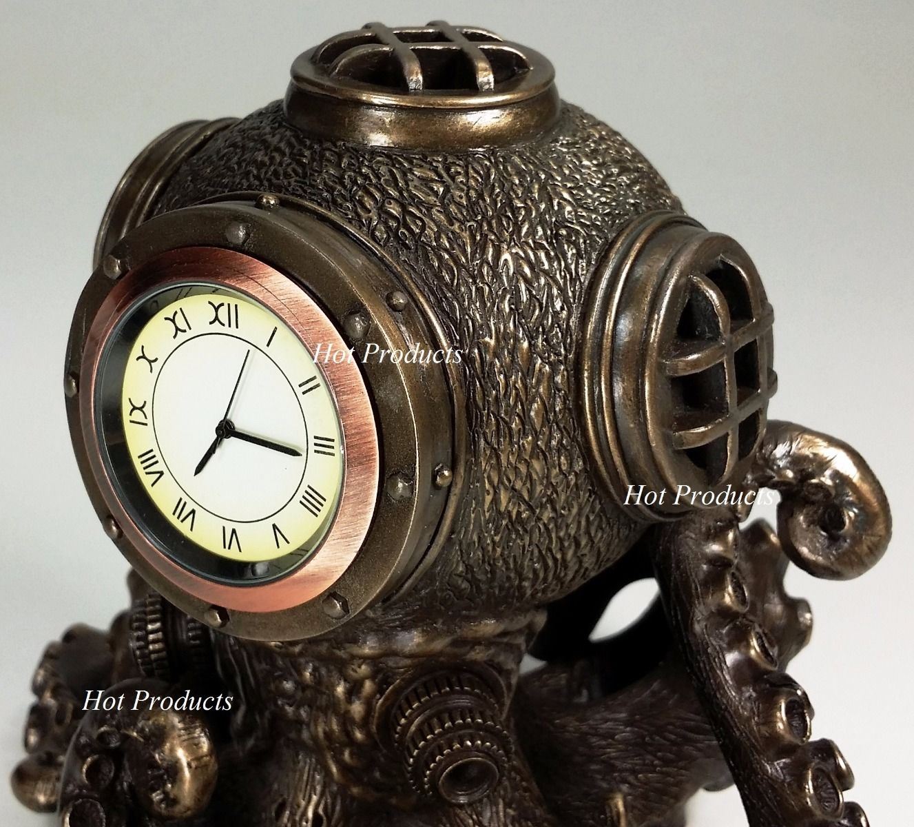 Nautical Steampunk Octopus Desk Clock Diving Helmet Statue Sculpture Bronze Colr