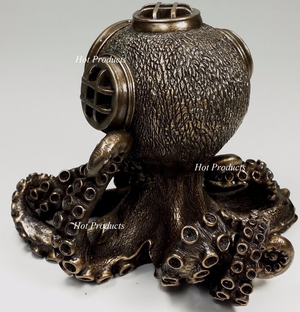 Nautical Steampunk Octopus Desk Clock Diving Helmet Statue Sculpture Bronze Colr