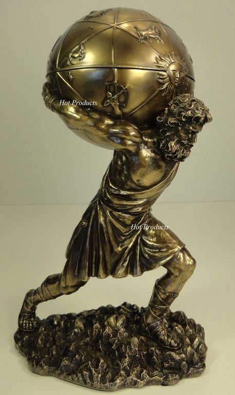 12" Greek Atlas God World on Back W/ Trinket Box Statue Sculpture Bronze Finish