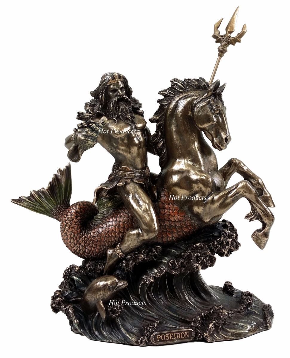 Poseidon on Hippocampus Horse GREEK MYTHOLOGY God of Sea Statue Bronze Finish