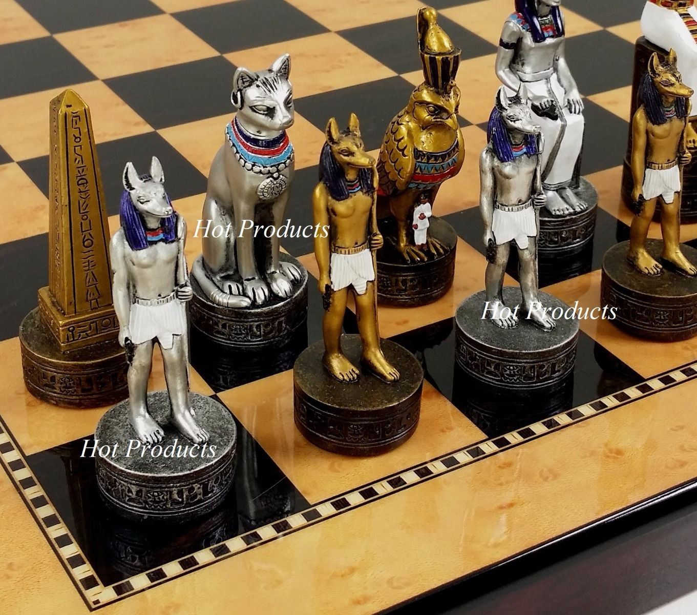 Egyptian Anubis Gold & Silver Chess Men Set W/ Color Accents 15" Maple Color Bd