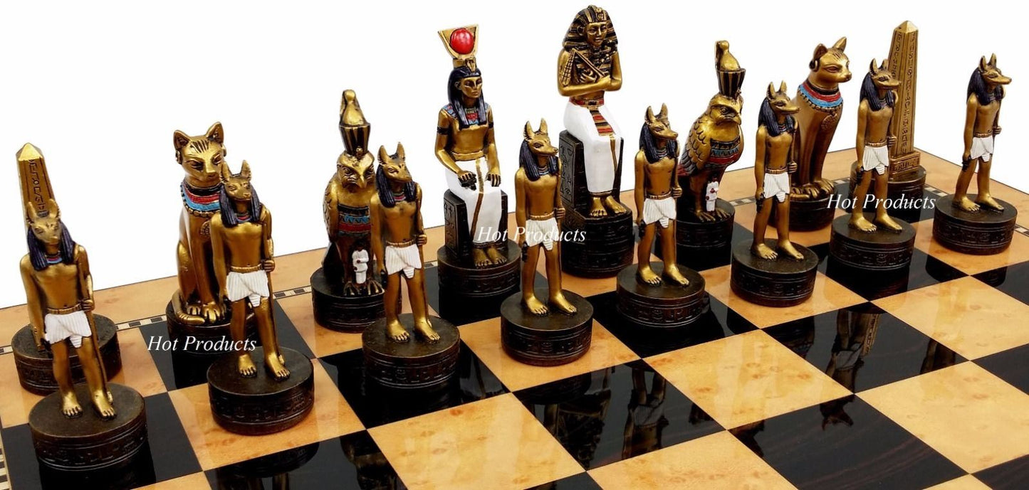 Egyptian Anubis Gold & Silver Chess Men Set W/ Color Accents 15" Maple Color Bd