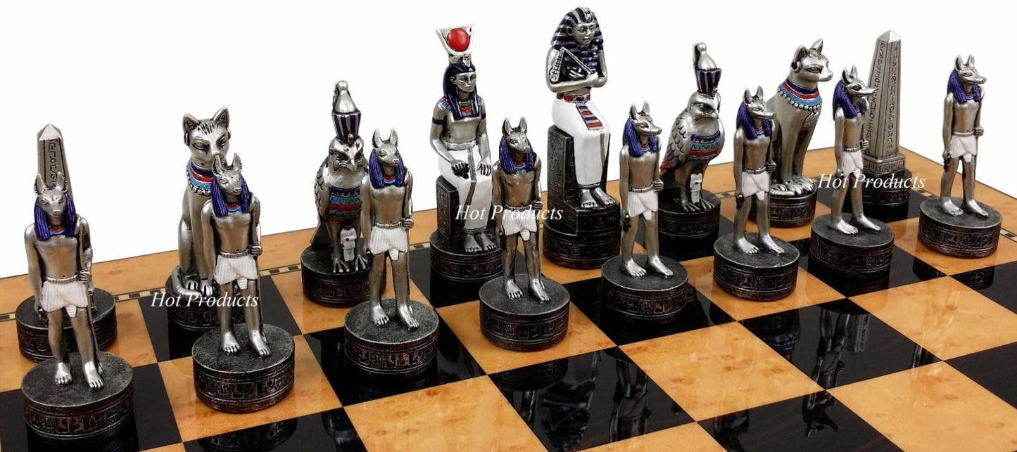 Egyptian Anubis Gold & Silver Chess Men Set W/ Color Accents 15" Maple Color Bd