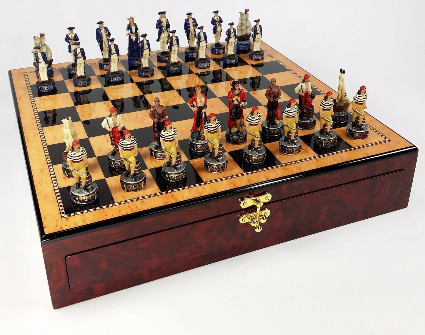 Pirates vs Royal Navy Chess Set w/ 17" Gloss Walnut & Maple Color Storage Board