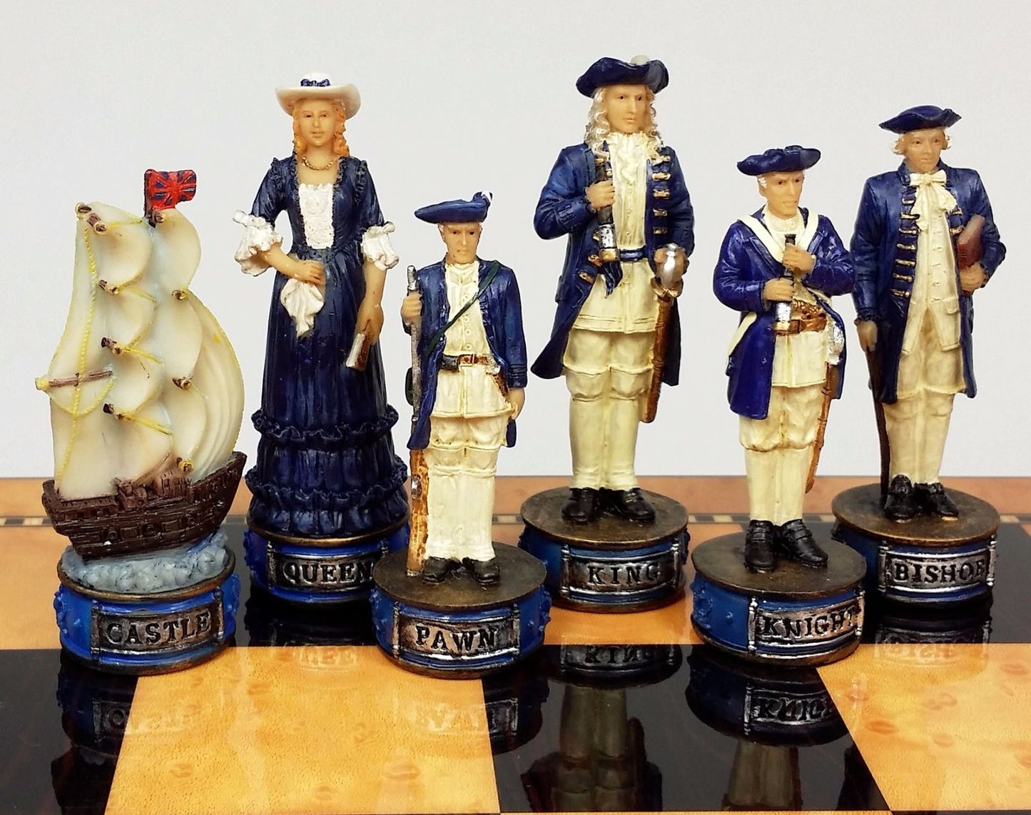 Pirates vs Royal Navy Chess Set w/ 17" Gloss Walnut & Maple Color Storage Board