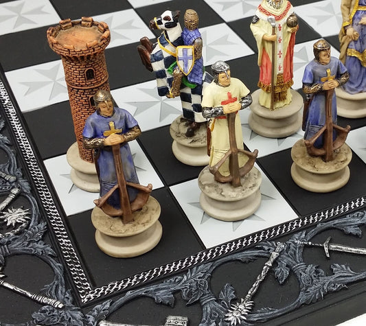 Medieval Times King Richard Painted Christian Knight Chess Set 17 Maltese Board
