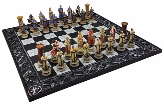 Medieval Times King Richard Painted Christian Knight Chess Set 17 Maltese Board
