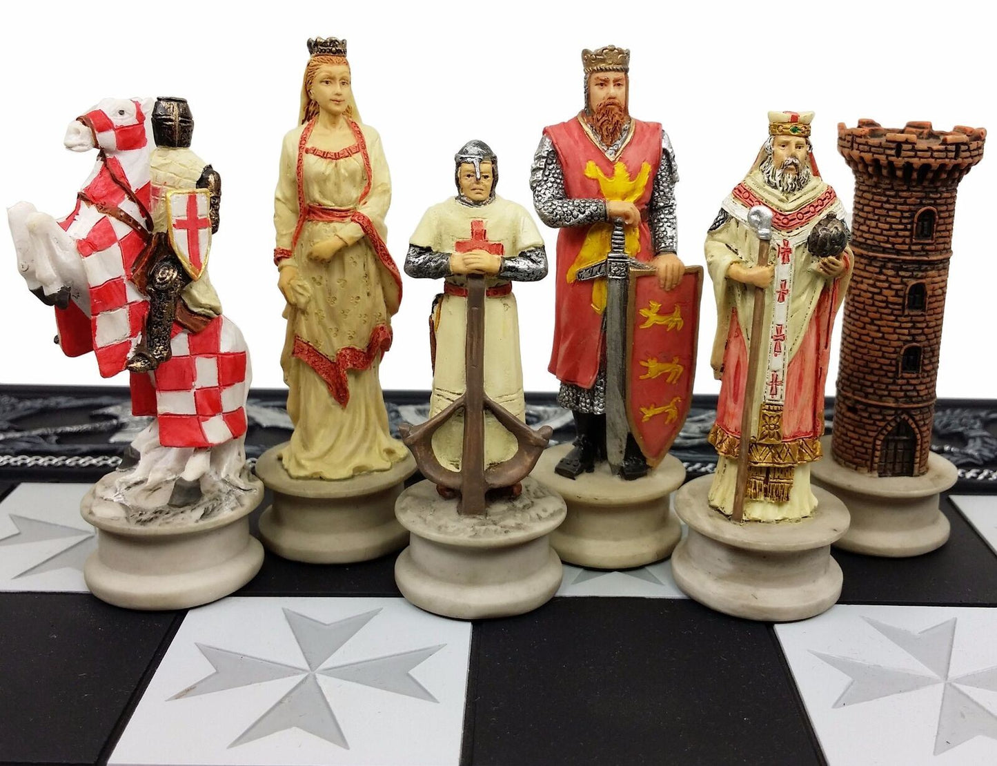 Medieval Times King Richard Painted Christian Knight Chess Set 17 Maltese Board