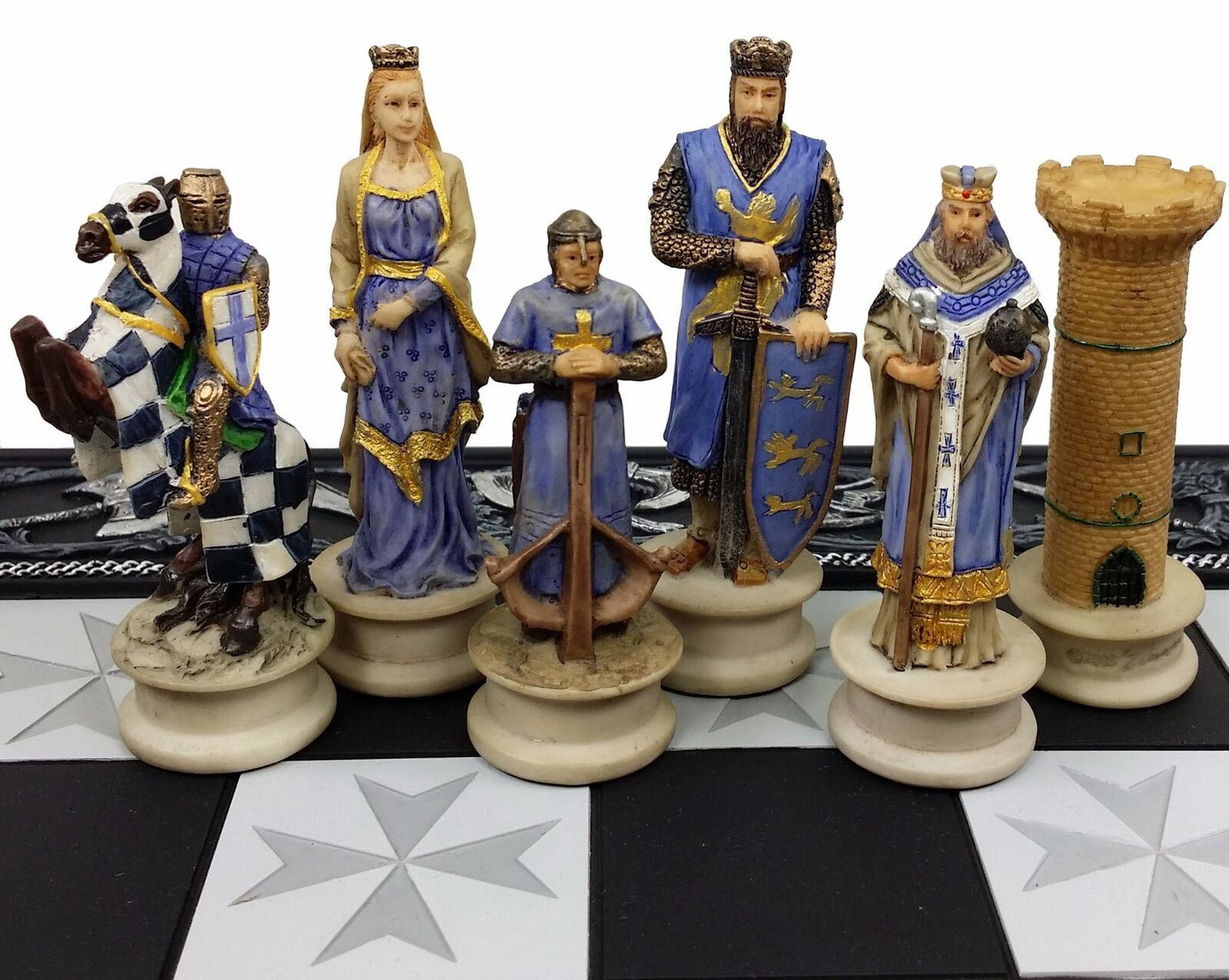 Medieval Times King Richard Painted Christian Knight Chess Set 17 Maltese Board