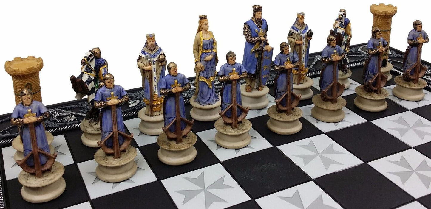 Medieval Times King Richard Painted Christian Knight Chess Set 17 Maltese Board