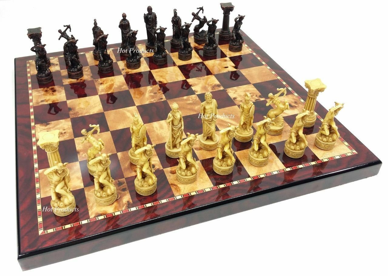 Greek Mythology Roman Gods Chess Pieces Set W/ 18" Cherry Color Board