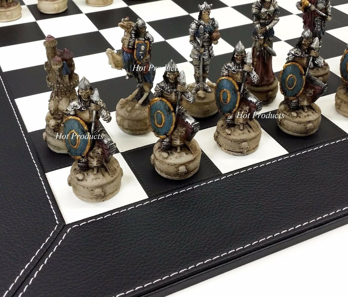 Skeleton Slayer Gothic Fantasy Skull Chess Men Set W/ Black Faux Leather Board