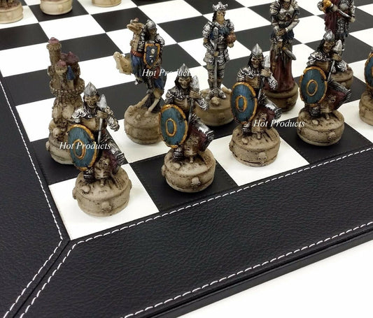 Skeleton Slayer Gothic Fantasy Skull Chess Men Set W/ Black Faux Leather Board