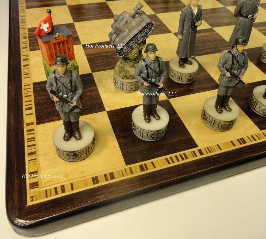 WW2 US vs Germany Chess Set W/ 17" Ebony & Birdseye Maple Wood Board World War 2