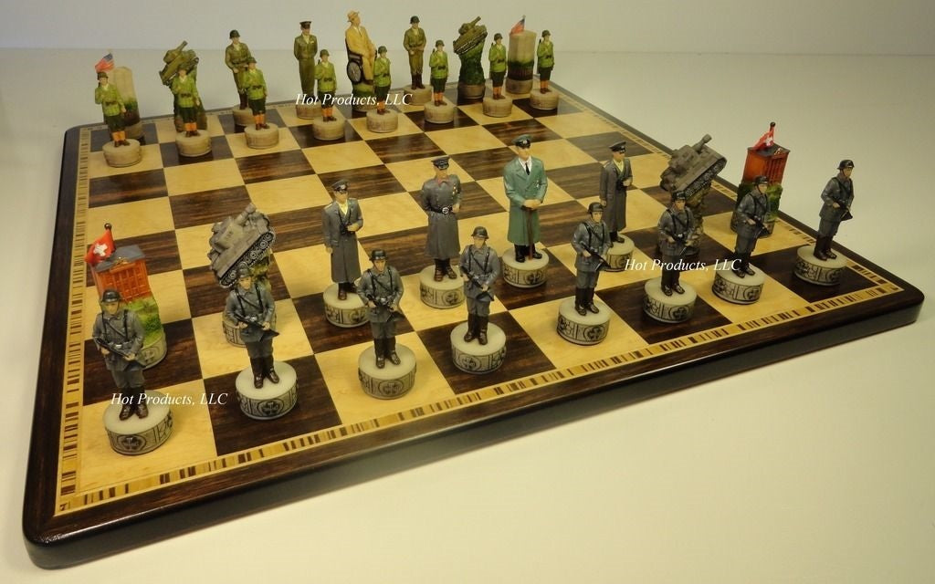 WW2 US vs Germany Chess Set W/ 17" Ebony & Birdseye Maple Wood Board World War 2