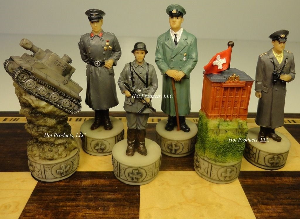 WW2 US vs Germany Chess Set W/ 17" Ebony & Birdseye Maple Wood Board World War 2