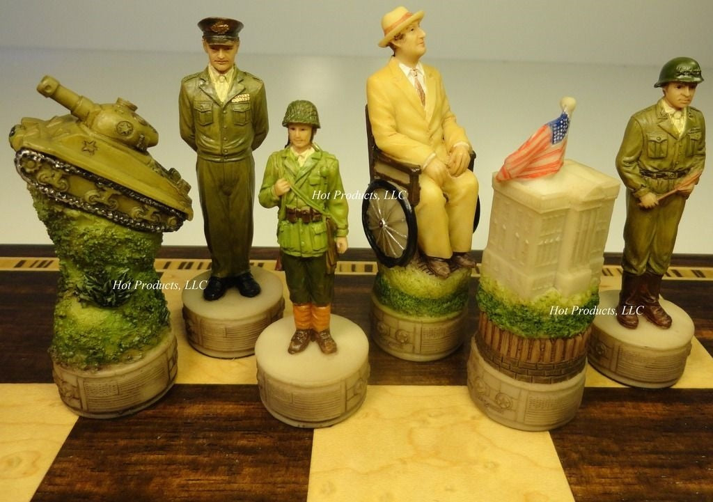 WW2 US vs Germany Chess Set W/ 17" Ebony & Birdseye Maple Wood Board World War 2