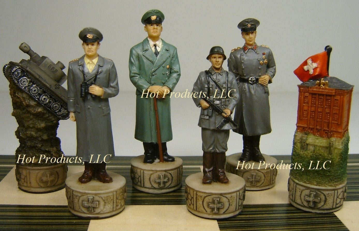 WW2 US vs GERMANY Chess Set W/ 17 1/4 inch EBONY & MAPLE WOOD BOARD