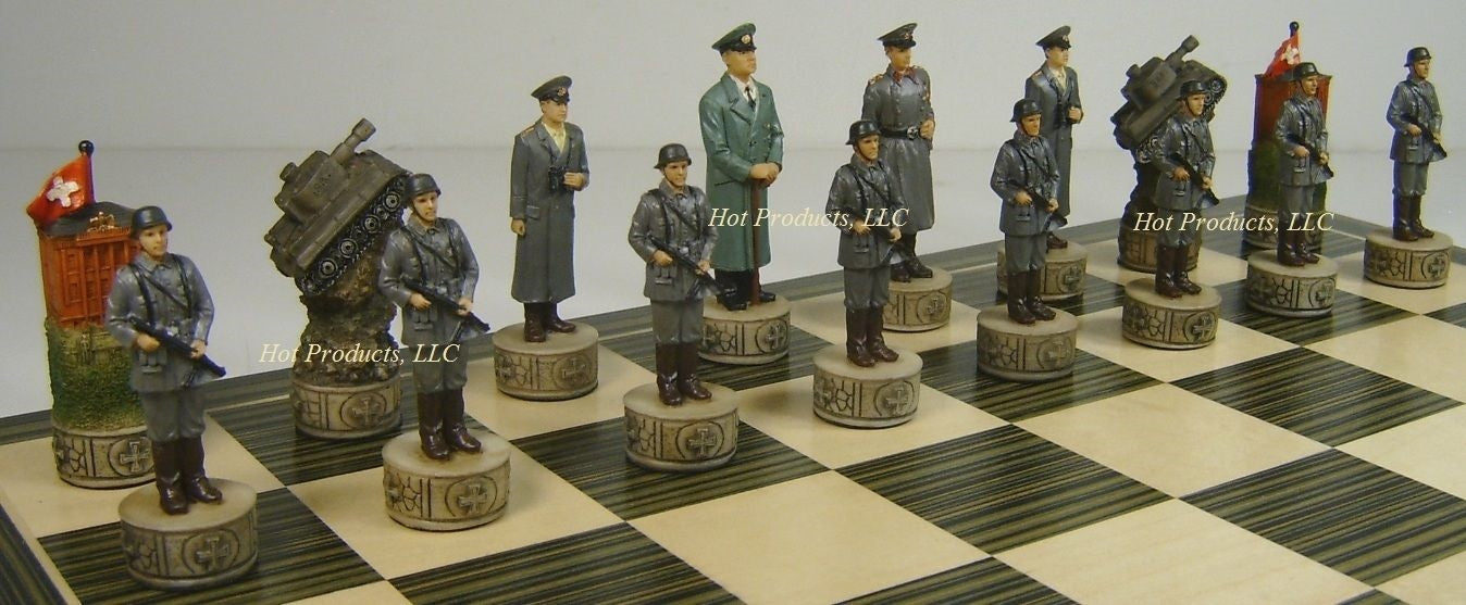 WW2 US vs GERMANY Chess Set W/ 17 1/4 inch EBONY & MAPLE WOOD BOARD