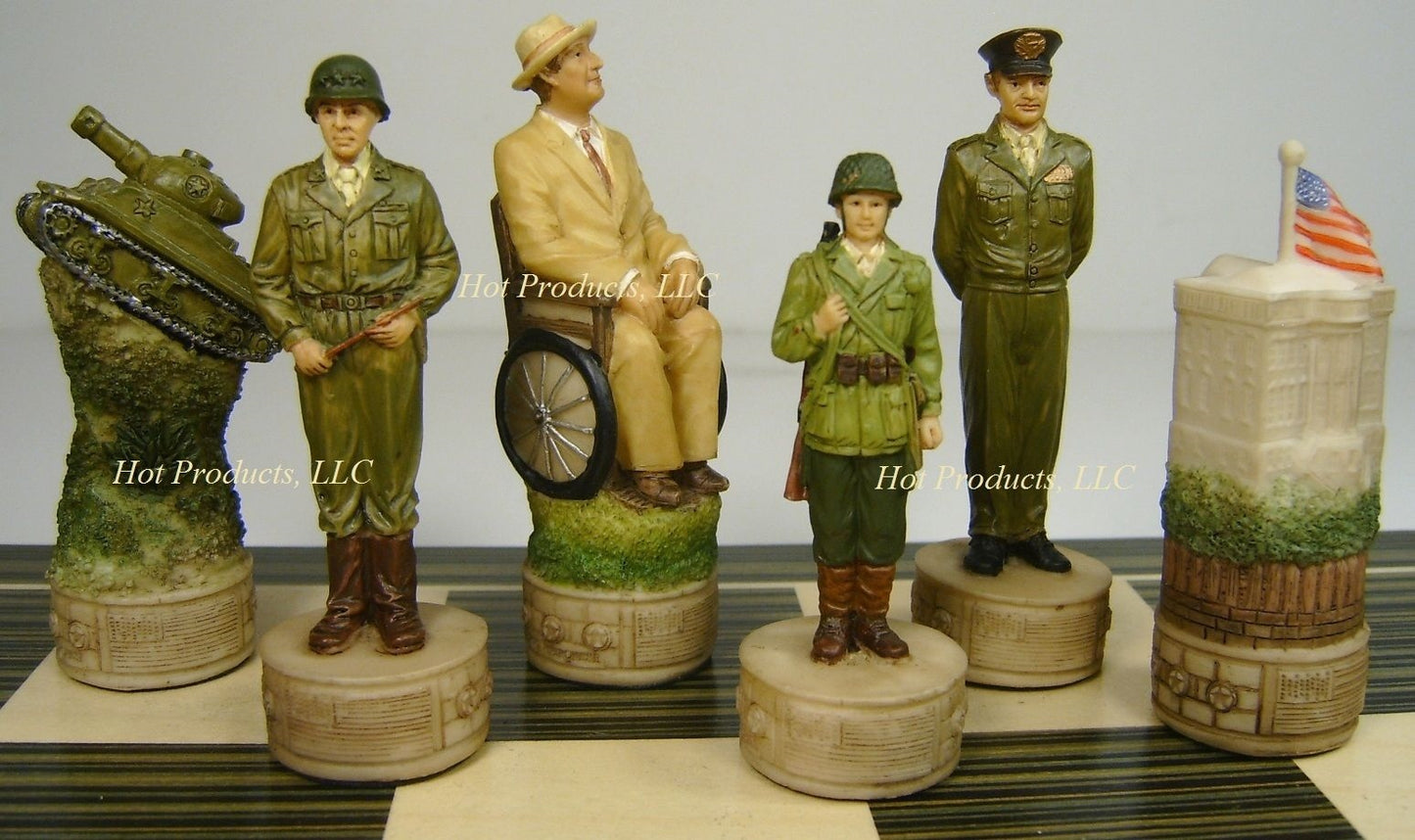 WW2 US vs GERMANY Chess Set W/ 17 1/4 inch EBONY & MAPLE WOOD BOARD
