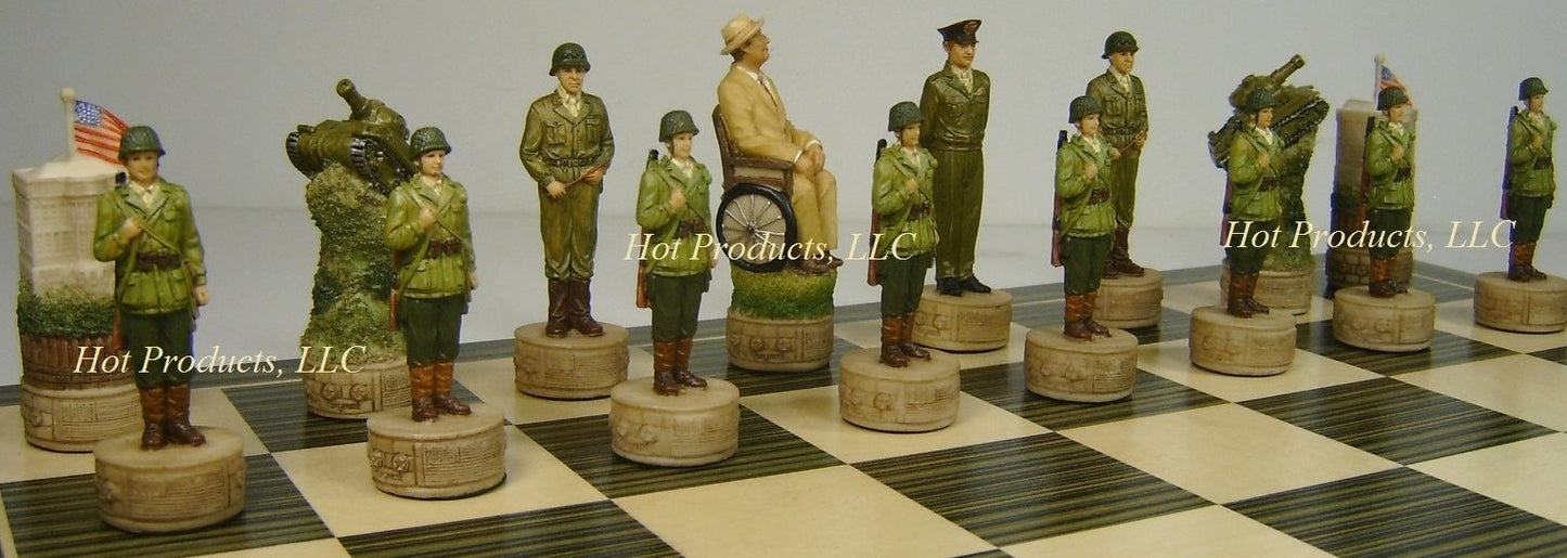 WW2 US vs GERMANY Chess Set W/ 17 1/4 inch EBONY & MAPLE WOOD BOARD