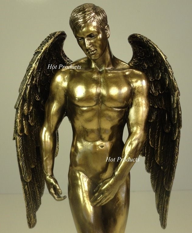 11" Nude Male Guardian Angel Winged Statue Antique Bronze Finish