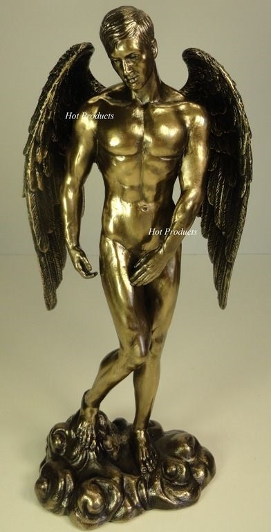 11" Nude Male Guardian Angel Winged Statue Antique Bronze Finish