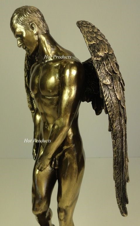 11" Nude Male Guardian Angel Winged Statue Antique Bronze Finish