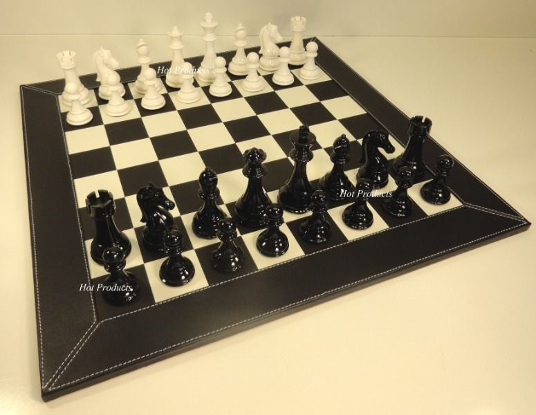 Staunton Black & White Pro Plastic 4 1/4 King Chess Set W 21" Faux Leather Board