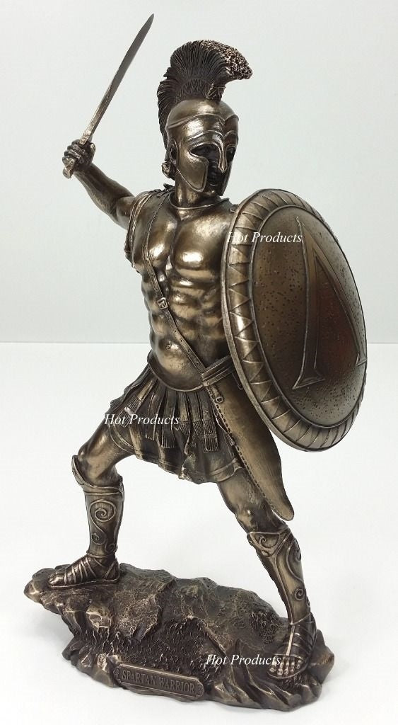 13" Spartan Greek Warrior Statue W/ Hoplite Shield & Sword Bronze Finish