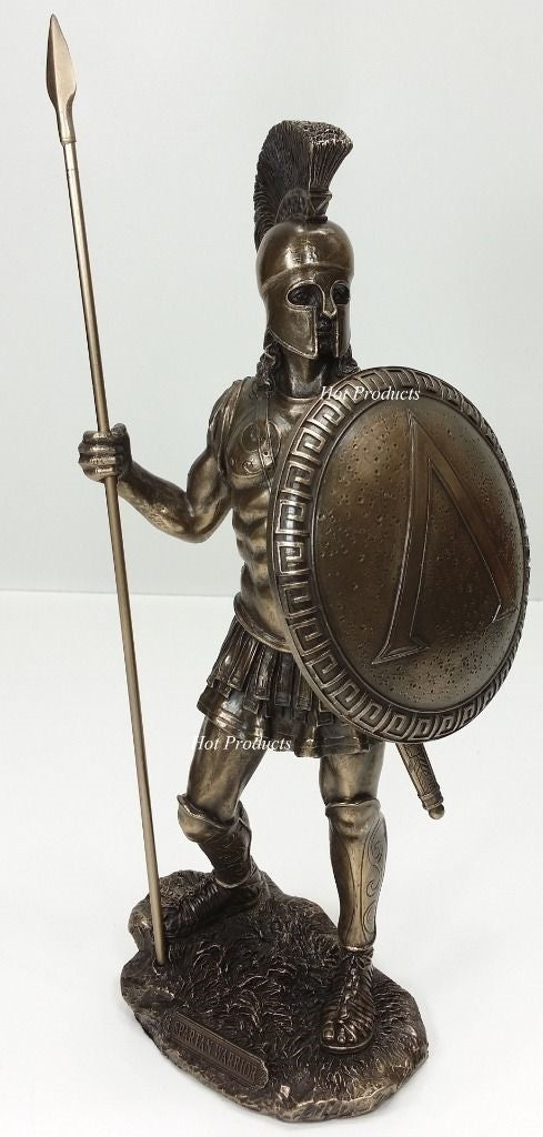 14" Spartan Greek Warrior Statue W Hoplite Shield & Spear Bronze Color