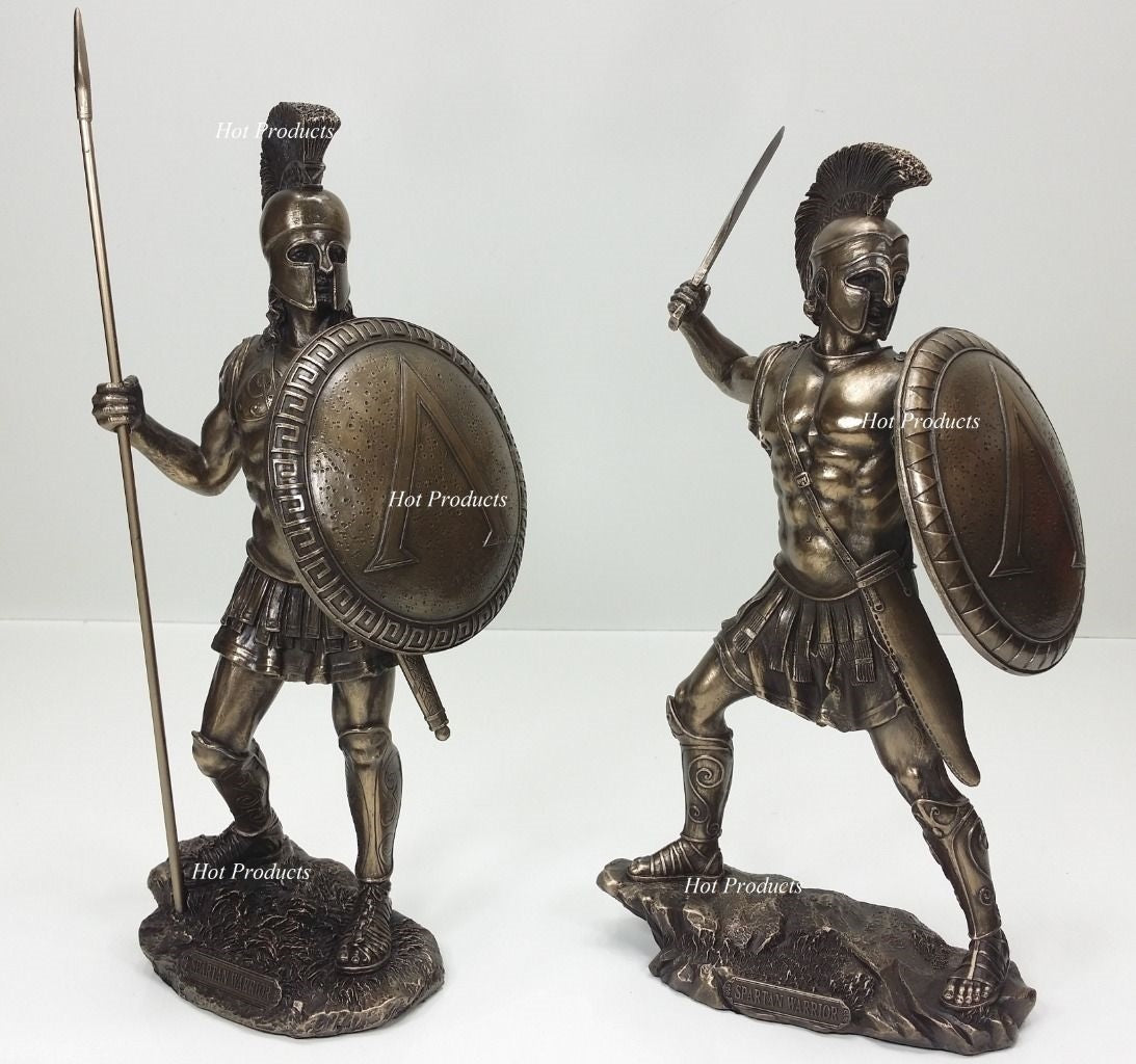SET 2 SPARTAN GREEK WARRIOR Statue HOPLITE SHIELD Sculpture Bronze Finish
