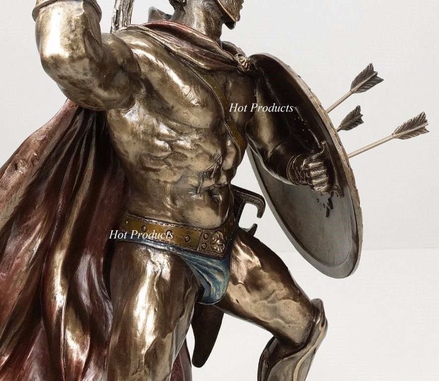 12.5" Leonidas Greek Warrior Spartan King Statue Sculpture Spear Arrow In Shield