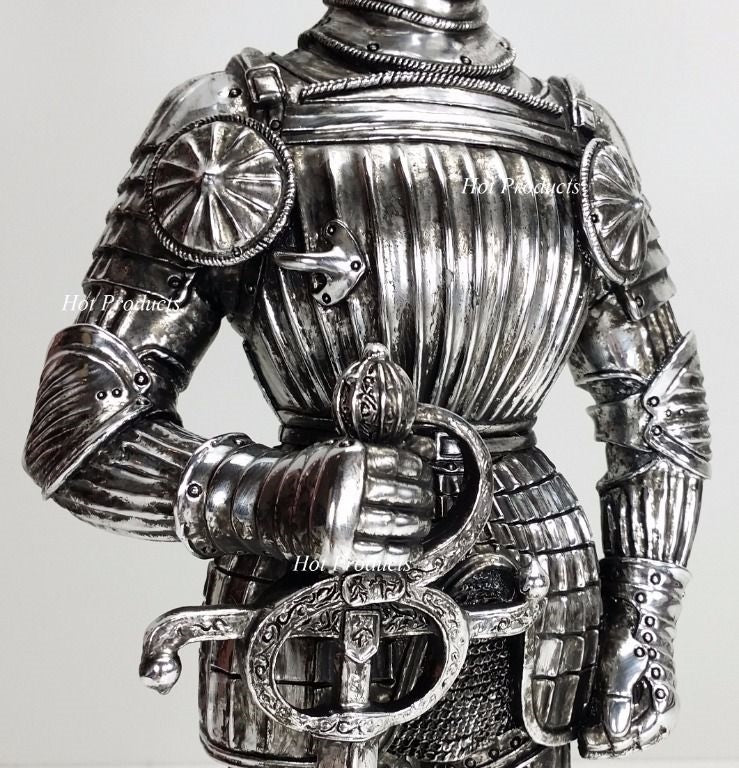 12 3/4" Medieval Times KNIGHT CHROME / SILVER STATUE MAXIMILIAN STYLE W / SWORD