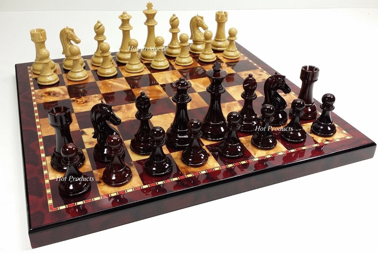 Large 4 1/4" King Staunton High Gloss Chess Set W/ 18" Cherry Color Board