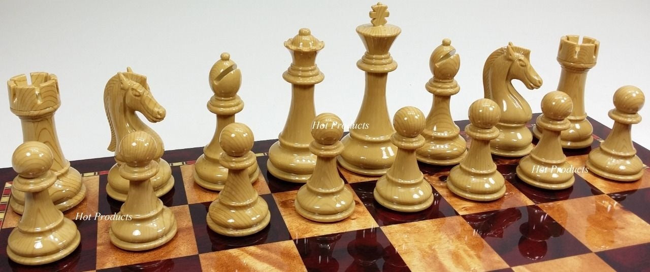 Large 4 1/4" King Staunton High Gloss Chess Set W/ 18" Cherry Color Board