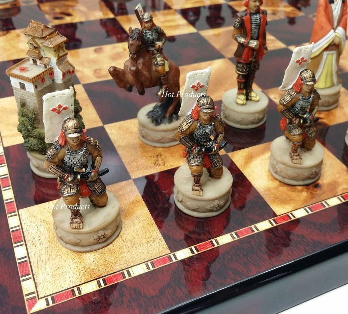 Japanese Samurai Warrior Chess Set Large 18" Cherry & Burlwood Color Board