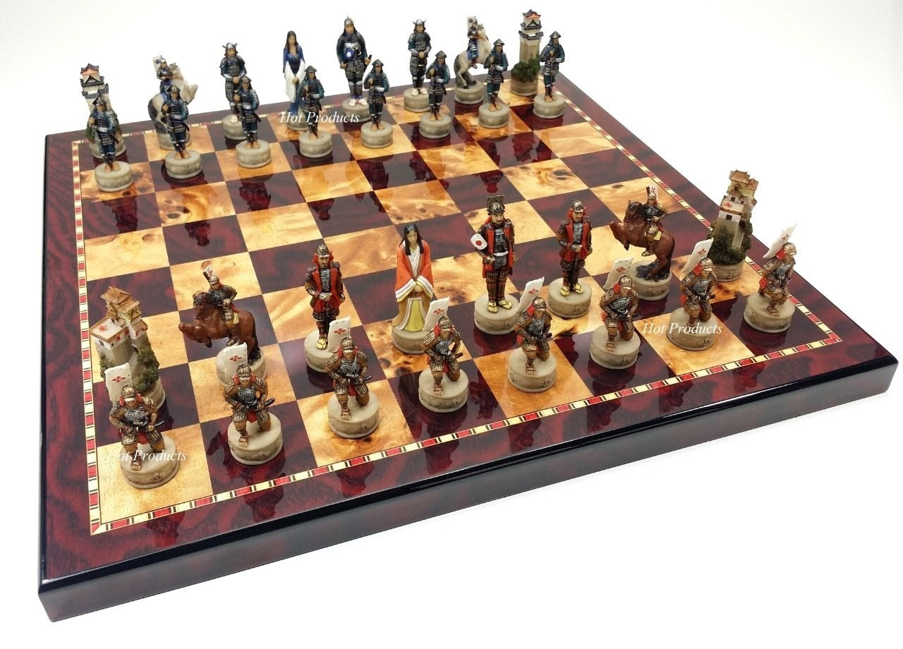 Japanese Samurai Warrior Chess Set Large 18" Cherry & Burlwood Color Board
