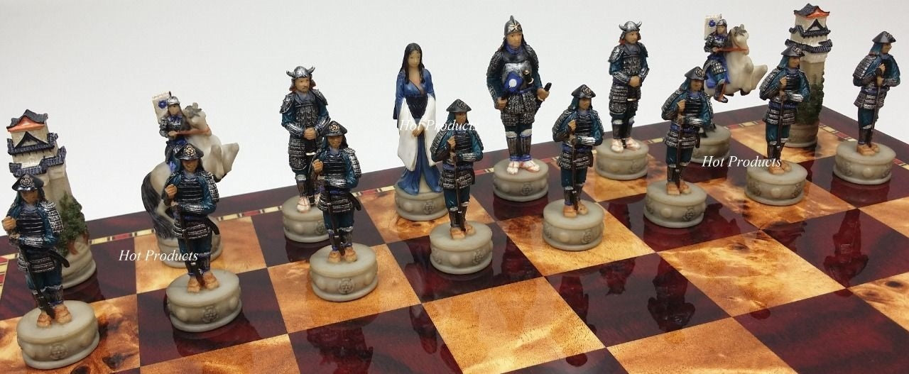 Japanese Samurai Warrior Chess Set Large 18" Cherry & Burlwood Color Board