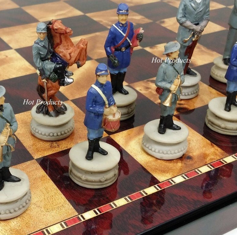 US American Civil War Generals Painted Chess Set W/ 18" Cherry Color Board