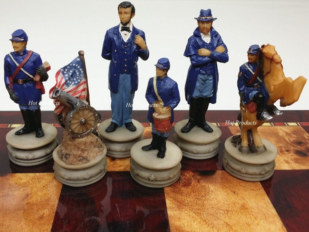 US American Civil War Generals Painted Chess Set W/ 18" Cherry Color Board