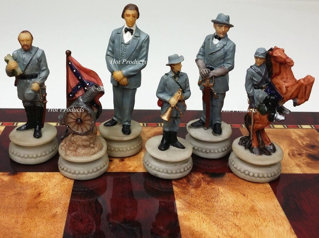 US American Civil War Generals Painted Chess Set W/ 18" Cherry Color Board