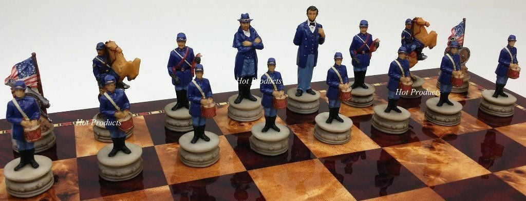 US American Civil War Generals Painted Chess Set W/ 18" Cherry Color Board