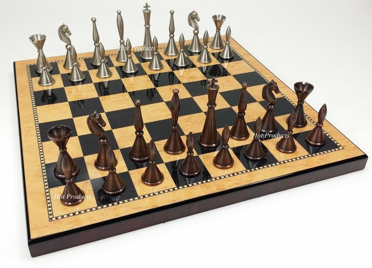 Brass Metal Modern Art Deco Staunton Chess Set 18" WALNUT MAPLE Color Board